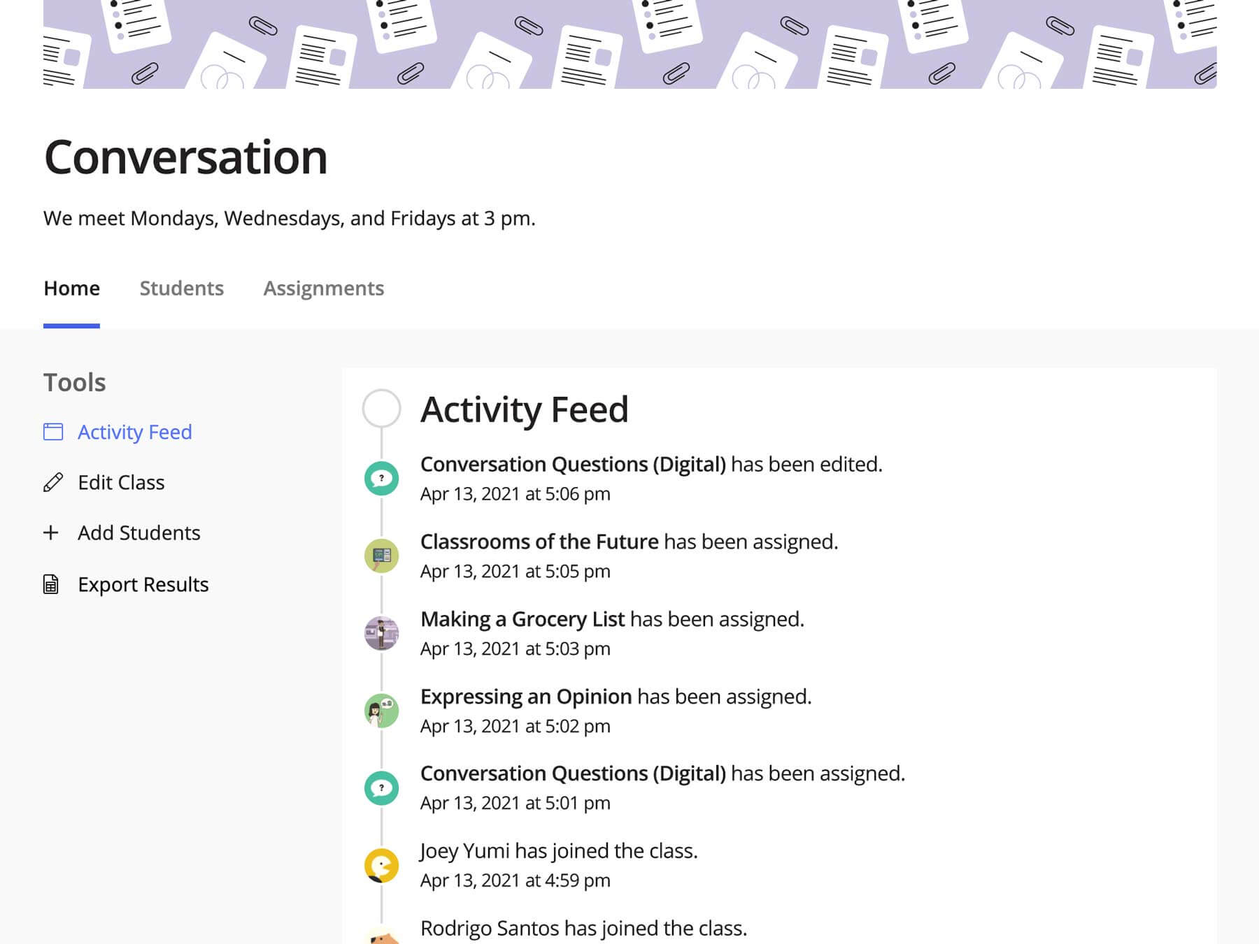 A screenshot of a class page for a conversation class. It is displaying a list of activity, such as students joining, and lessons assigned.