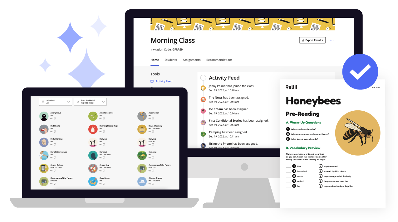 A computer screen showing learning activities, surrounded by books, pens, pencils, coffee, clouds, a paper airplane, and a grad cap