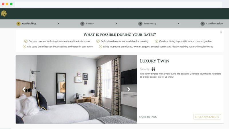 A hotel booking engine shows different messages based on the season