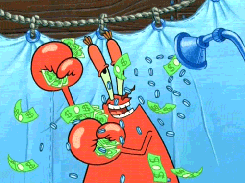 Mr. Crabs from SpongeBob throwing around money at the Krusty Crab Restaurant.