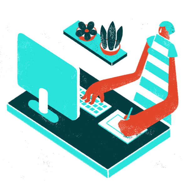 Animation typing on a computer at a desk next to some animated desk plants.