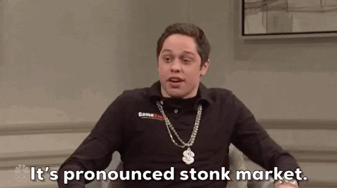 Pete Davidson saying "Its pronounced stonks" poking fun at Bar Stool President Dave Portnoy