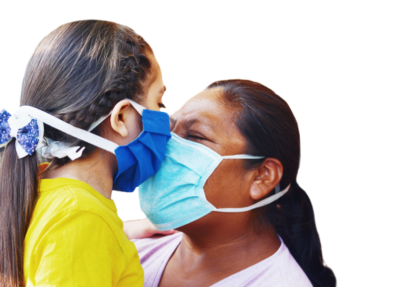 A young girl and a woman embracing face to face, while wearing masks