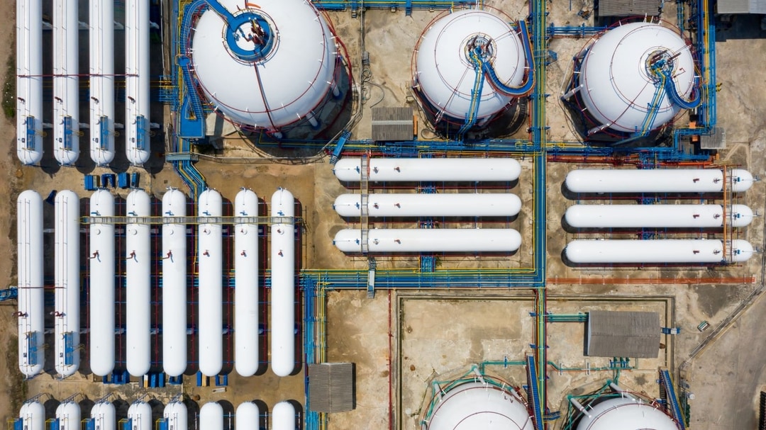 Aerial view of onshore storage tanks at an LNG plant