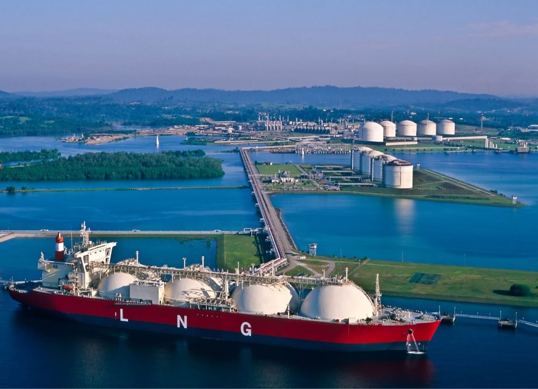 An LNG carrier at an export terminal