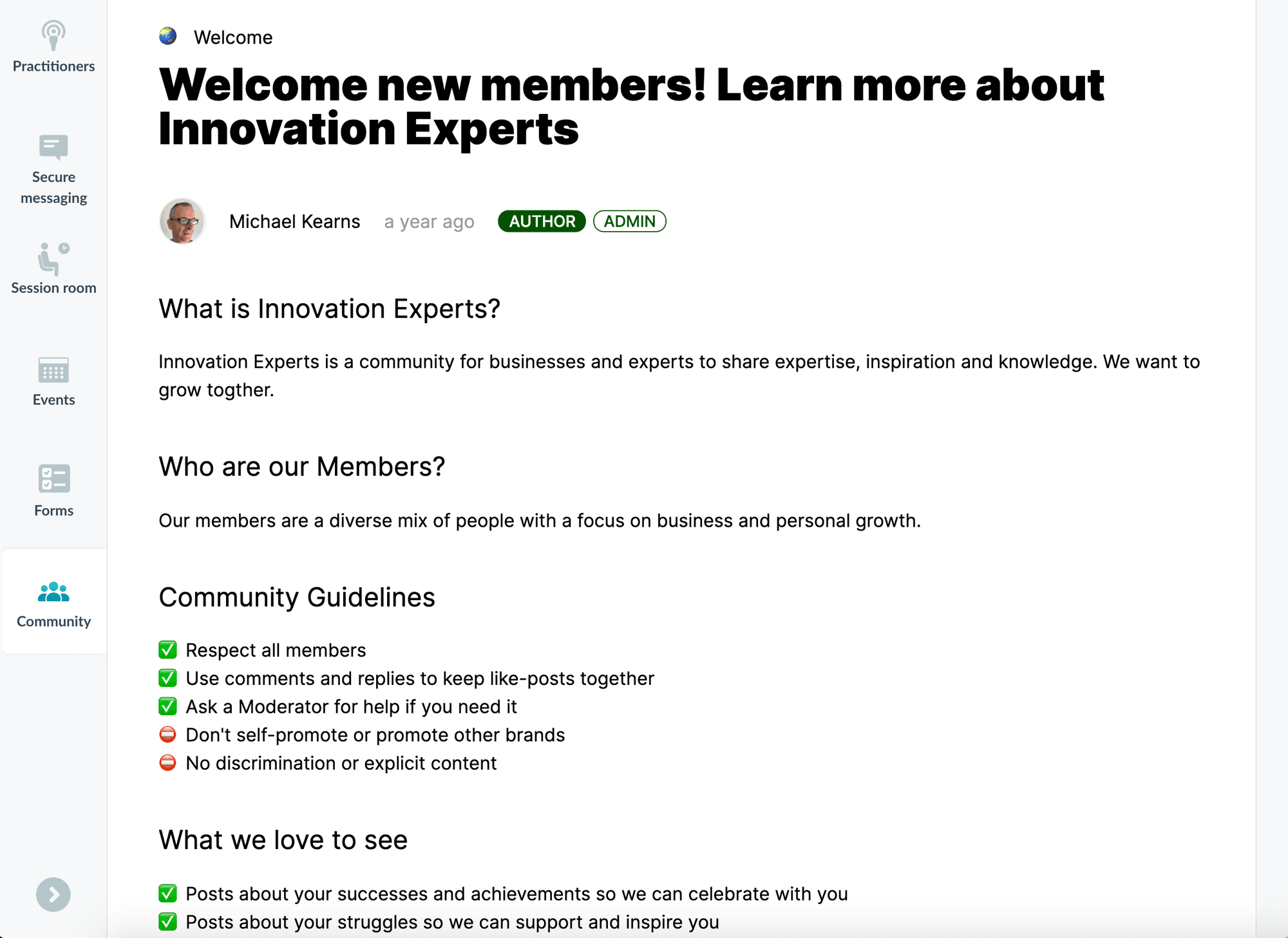 Innovation Experts Peerboard community welcome page inside their Profi-powered expert marketplace