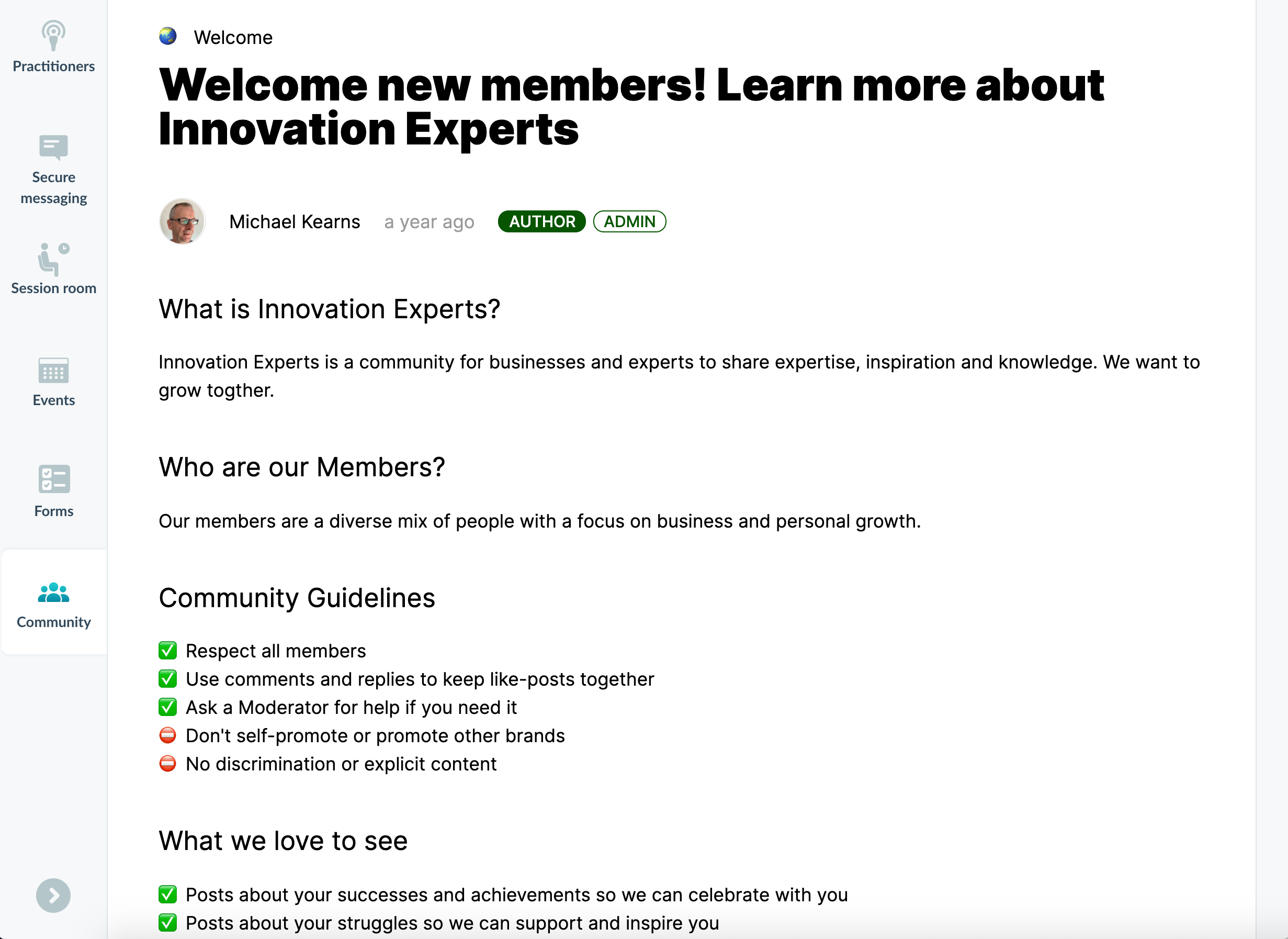 The Innovation Experts Community welcome page inside their Profi-powered expert marketplace