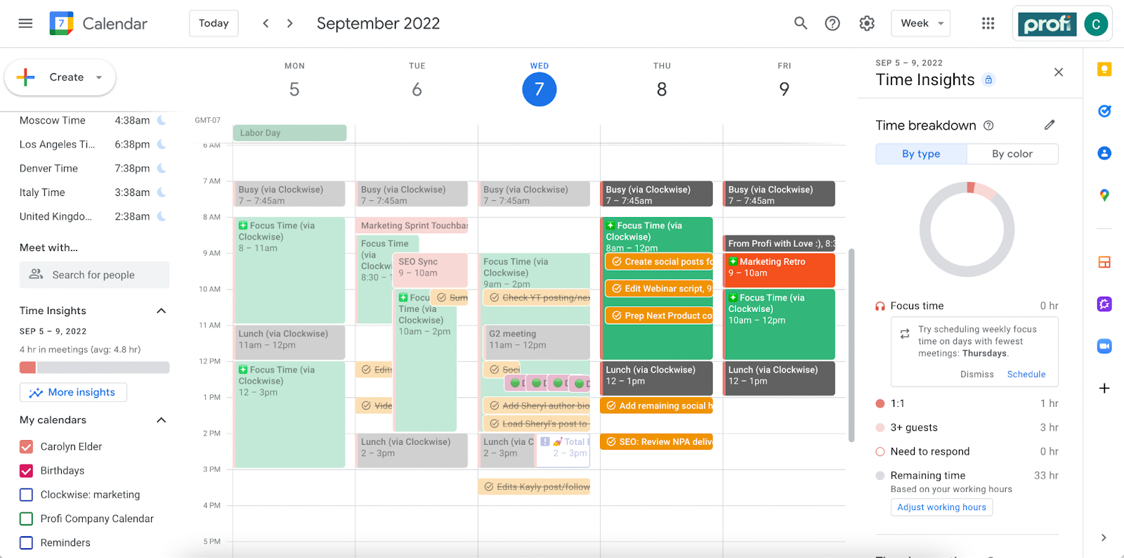 Google calendar and clockwise focus time management tips for business owners Profi