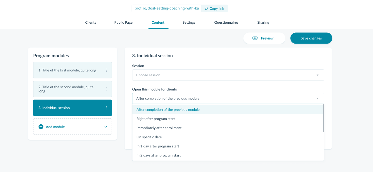 Early program access for client cohorts in Profi.io | teach courses online