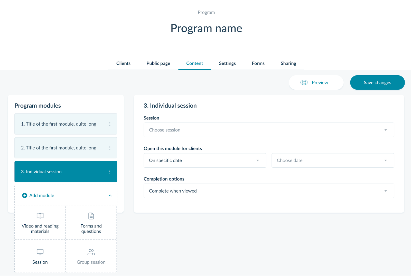 Profi.io Program features flexible modular design that integrates video and reading material content, forms, and individual, groups sessions.