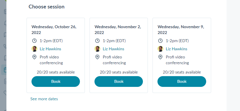 Profi.io corporate training client booking widget on session landing page | corporate training platform