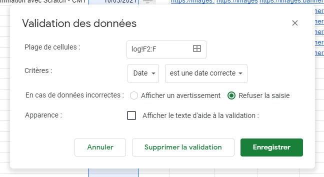 Google sheet création règle date pour toutes les cellules de la colonne F