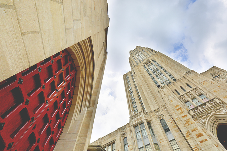 A photo of the Cathedral of Learning shot from below