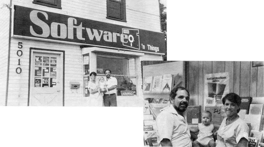 Jessica Aiello as a young girl with her parents outside a building with a sign that says software