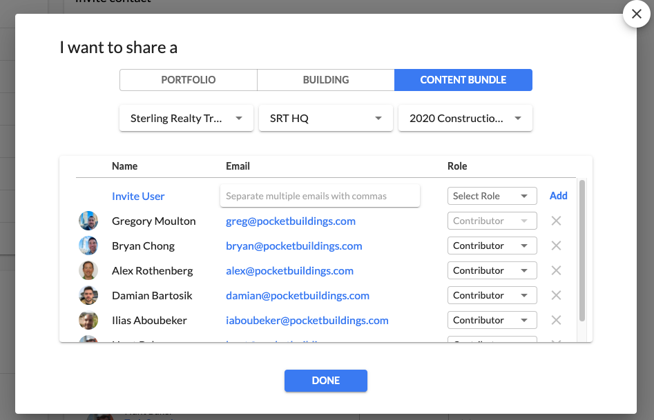 Easily invite stakeholders to view or add to your portfolio, building, or content bundle by email.