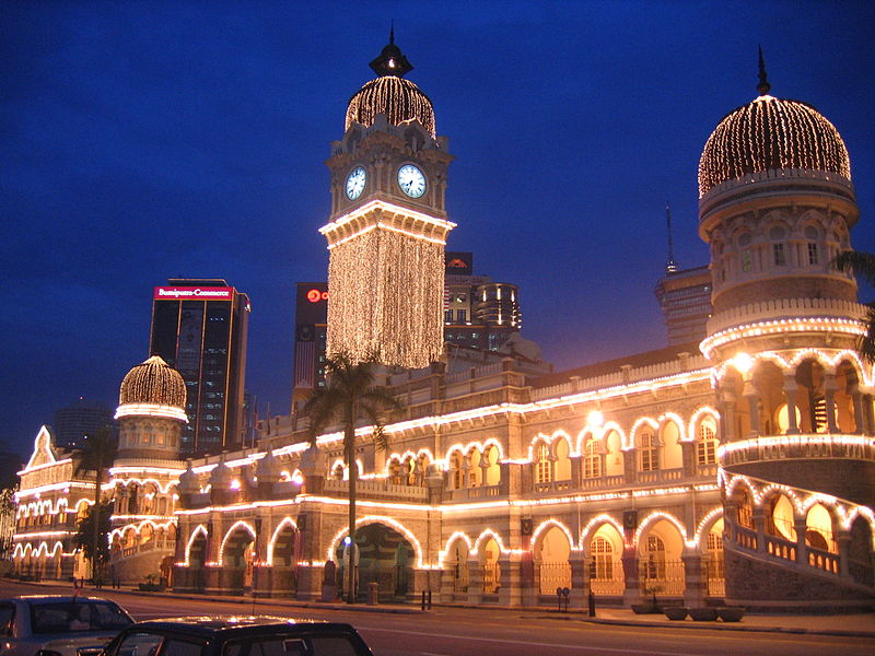 Sultan Abdul Samad Building in Kuala Lumpur, Malaysia, decorated with lights for National Day
