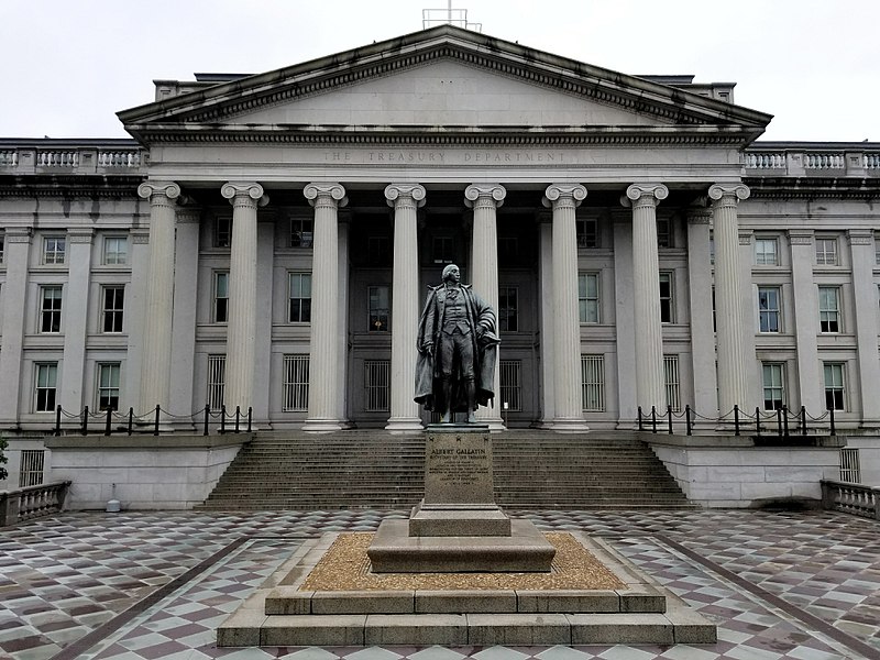 U.S. Treasury Building and Albert Gallatin Statue.jpg