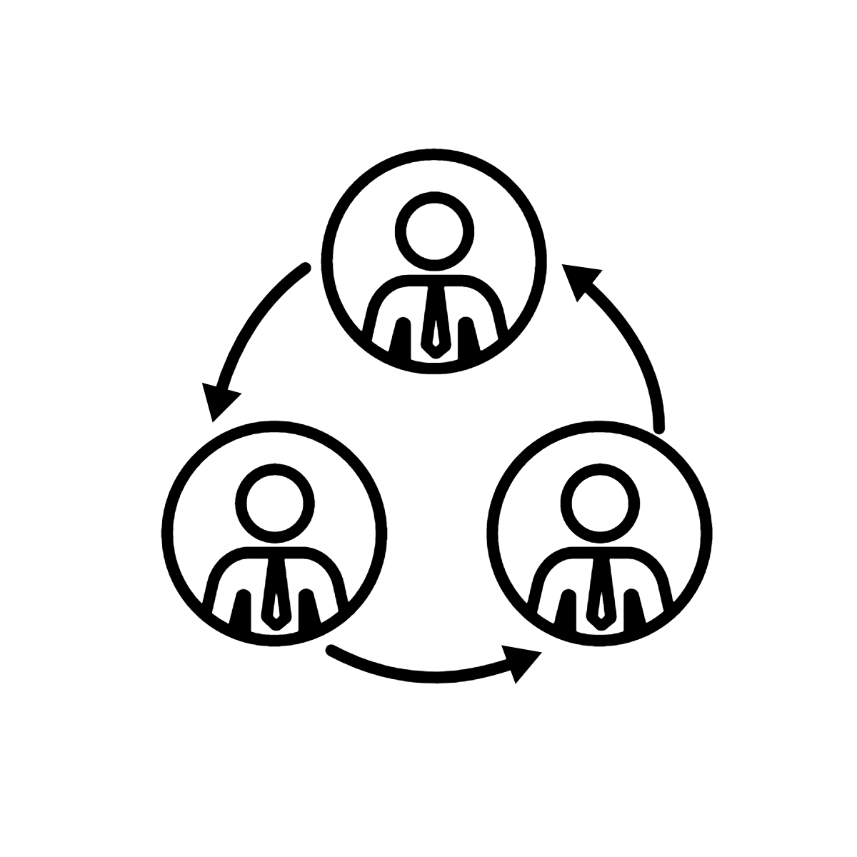 Outline of 3 heads in a circle with arrows in a circular motion