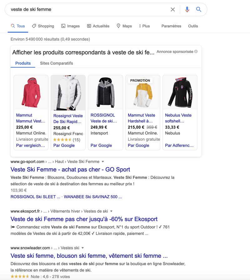 Exemple classement Google
