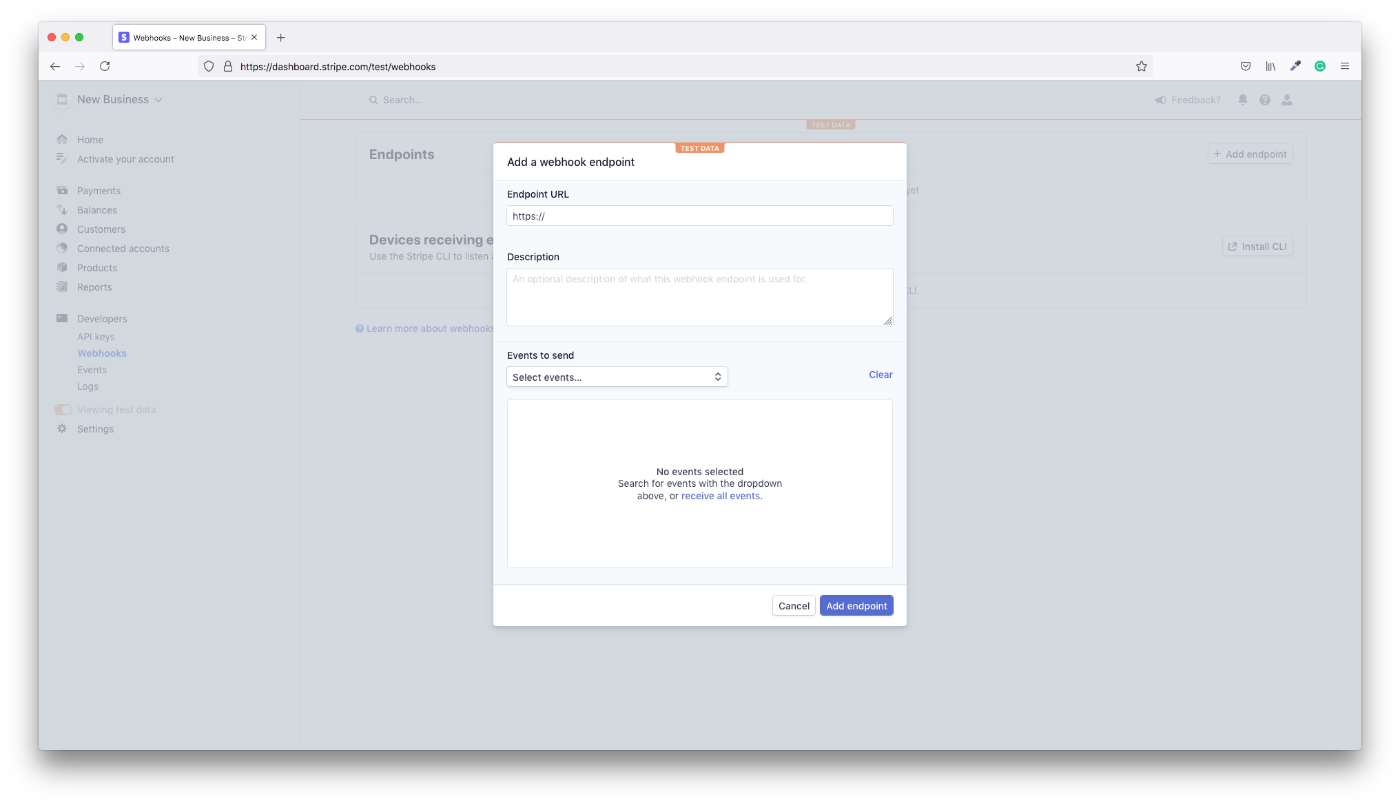 Stripe add webhook