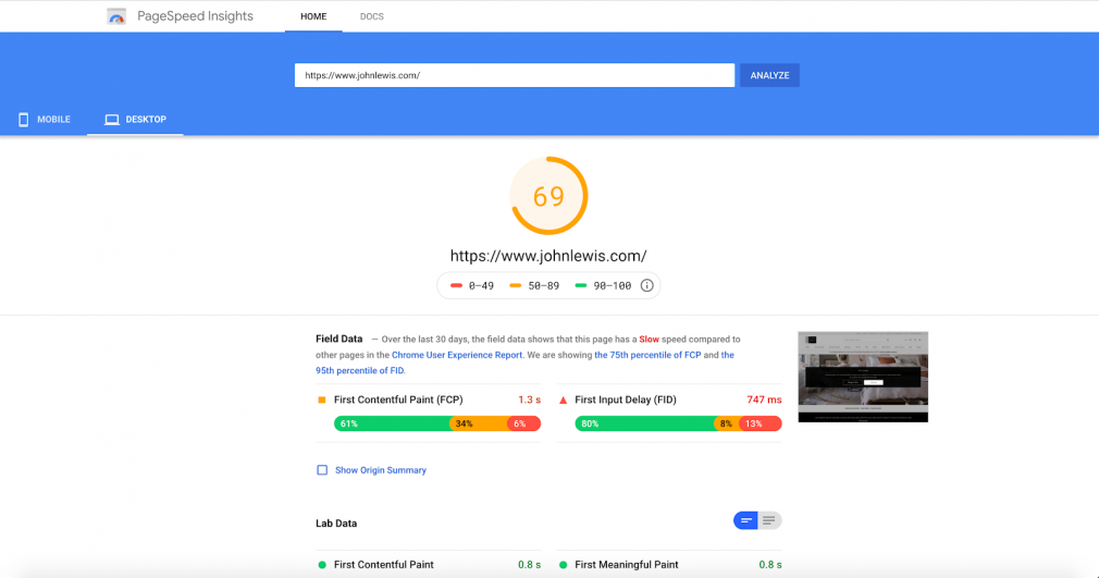 What performance scores for mobile looks like.