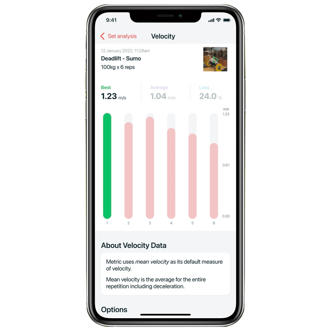 MetricVBT app displaying best rep velocity