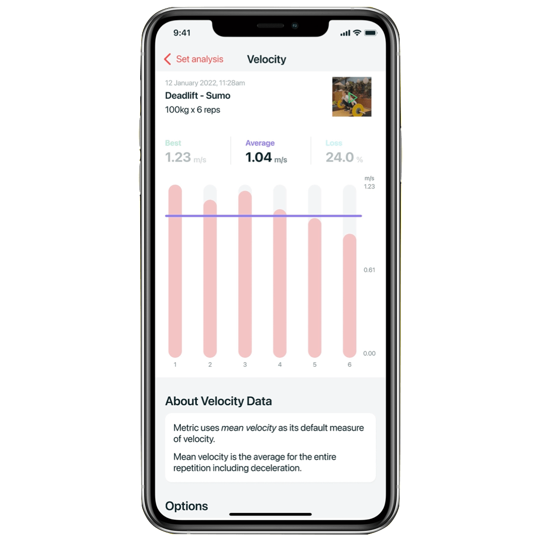 MetricVBT app displaying average velocity for a set