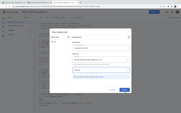 web app deployment for MetricVBT data export