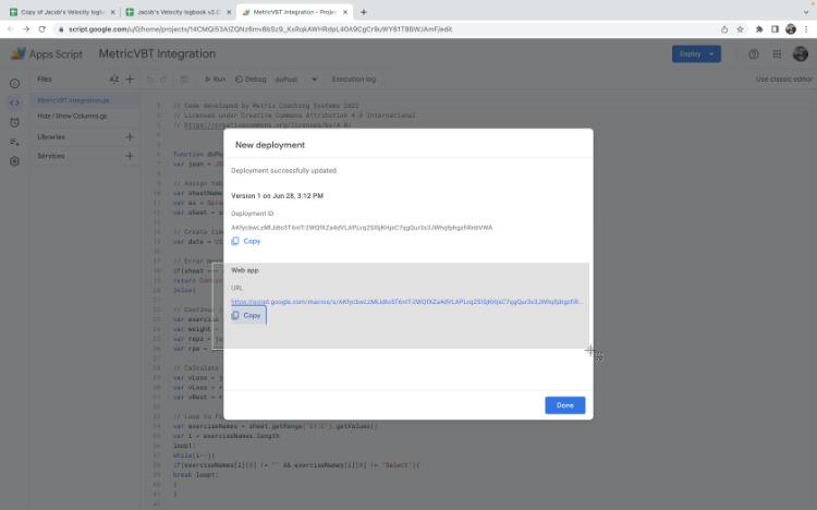 web app deployment for MetricVBT data export