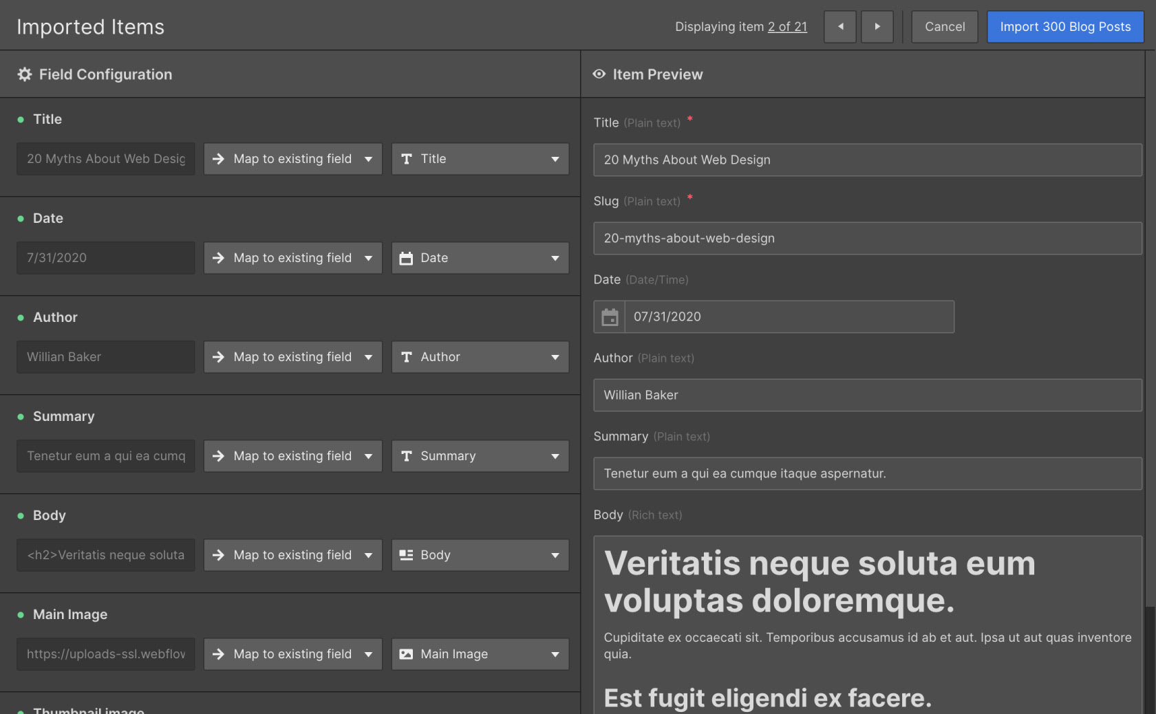 Screenshot of Webflow CSV Import Mapping UI