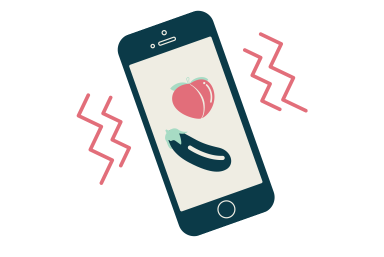 Ilustração de celular vibrando com emojis de pêssego e berinjela na tela