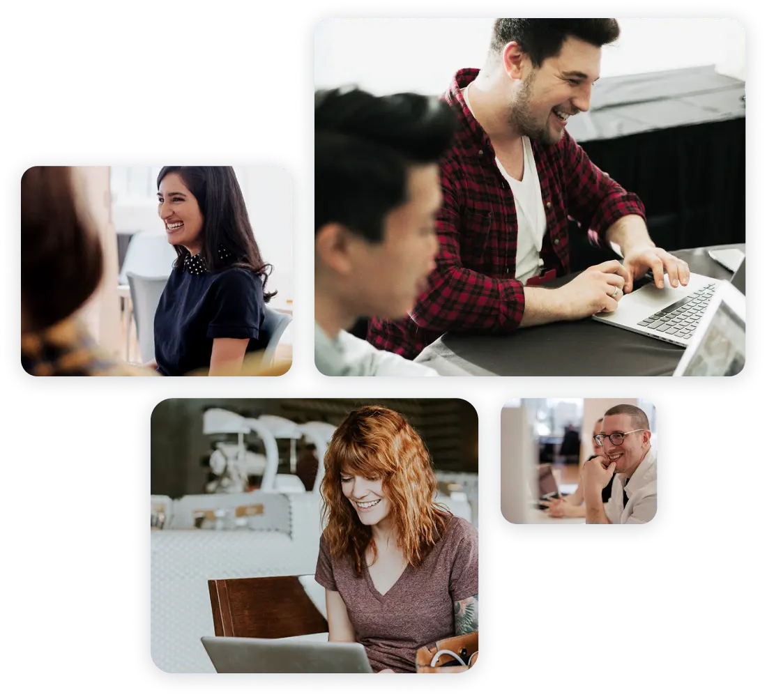 Multiple images showing happy people in their workplace