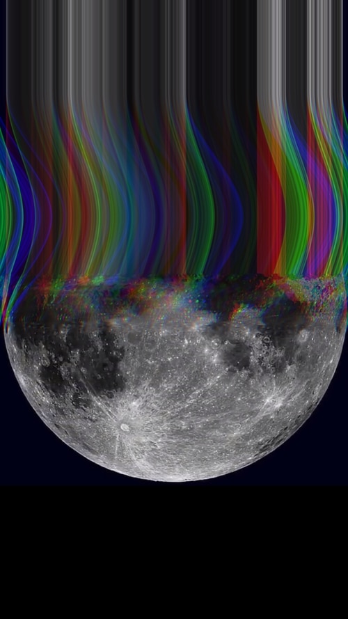 An image of the moon being stretched with rainbow trails