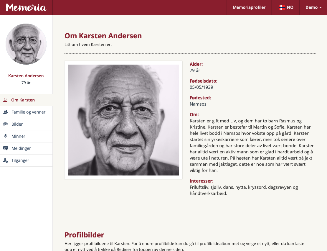 Skjermbilde av Memoriaprofil