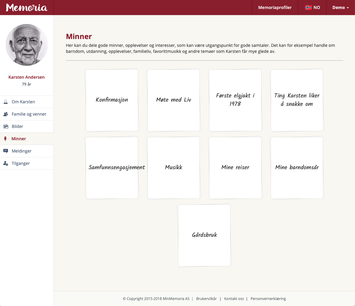 Skjermbilde av Memoria web app