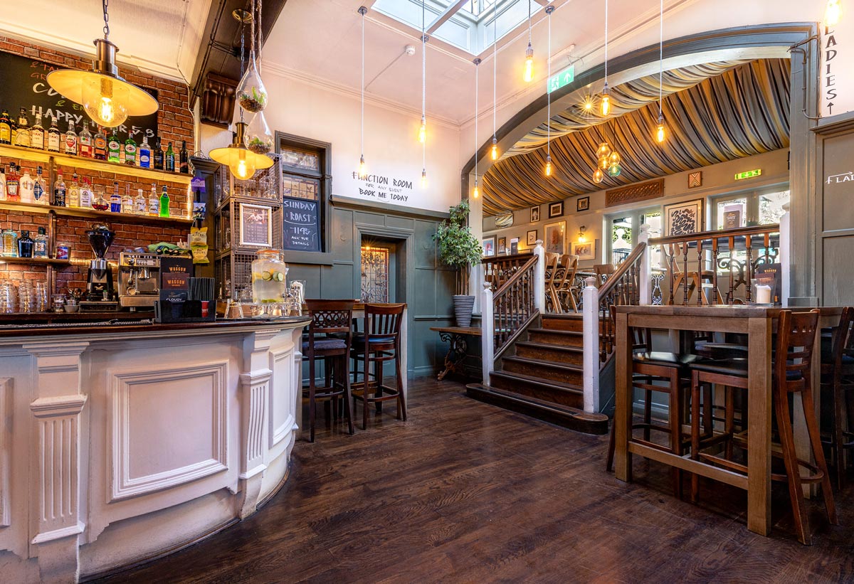 Pub Photography. Horse and Waggon, Surbiton. Interior photograph of staircase leading to bar