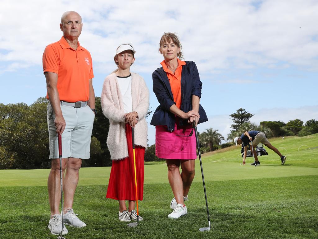 Golfers Peter Kosmina, Harriett Kendall and her mum Louise Kendall at Moore Park Golf Course. Picture: Richard Dobson