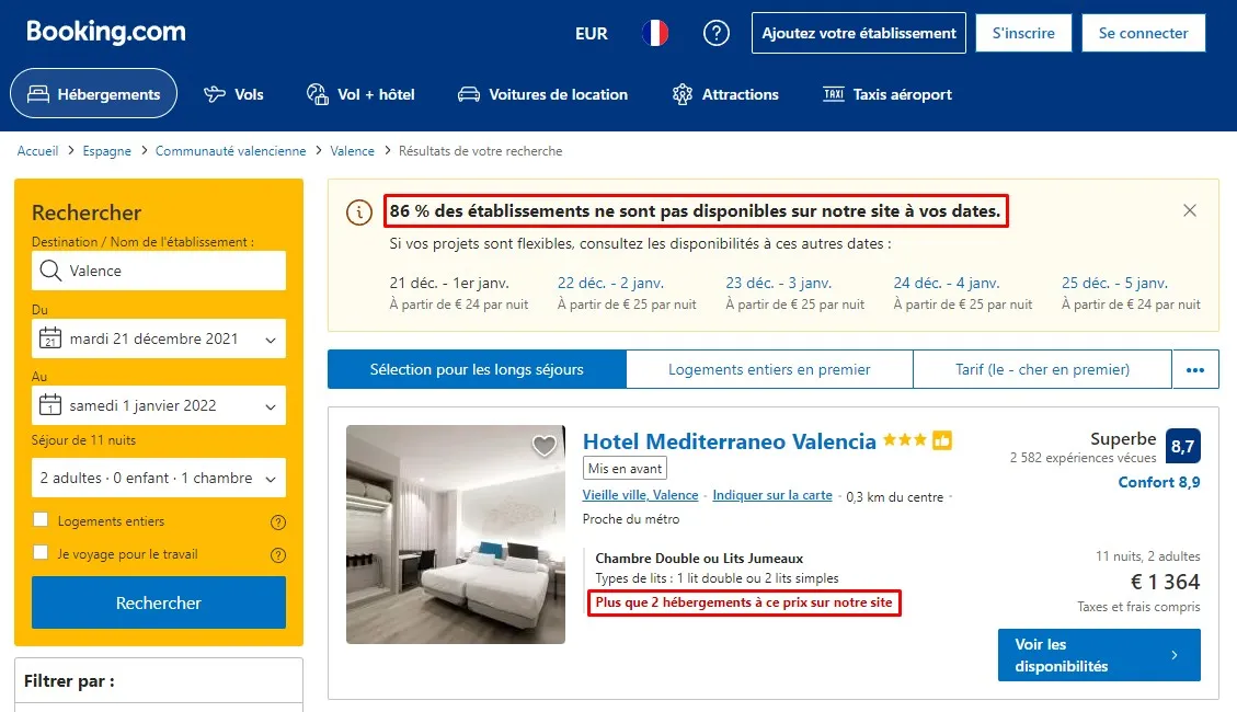 Exemple du biais de rareté (scarcity en anglais) sur le site Booking.com