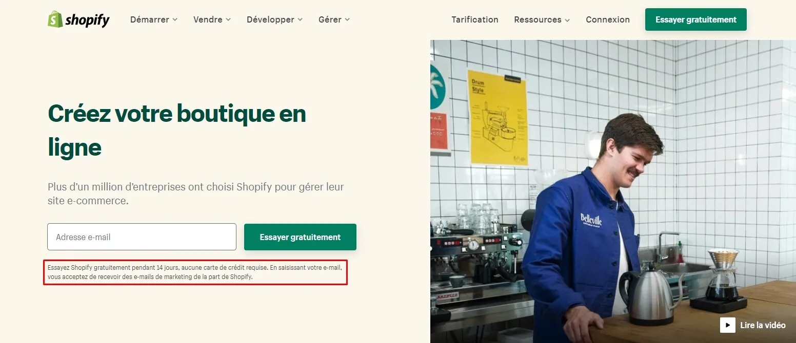 Exemple d'effet de dotation avec l'essai gratuit de Shopify