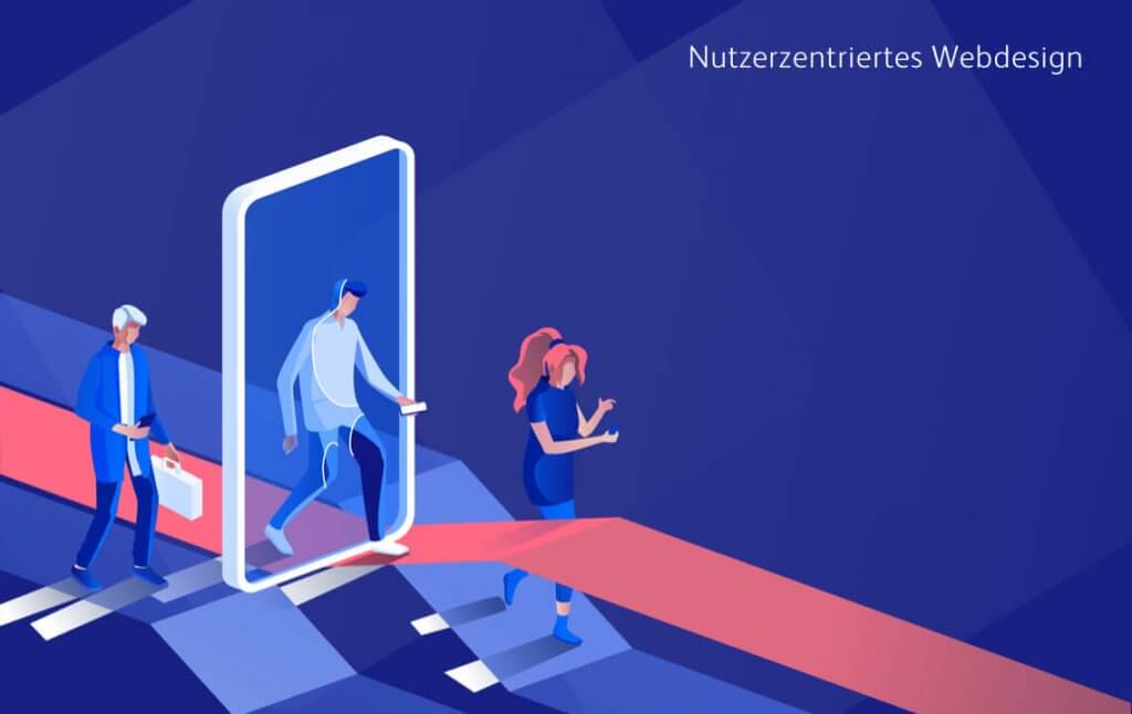 Website-Besucher laufen bildlich durch den Bildschirm eines Smartphones, welches dafür steht, dass das Webdesign einer Unternehmenswebsite nutzerzentriert sein sollte.