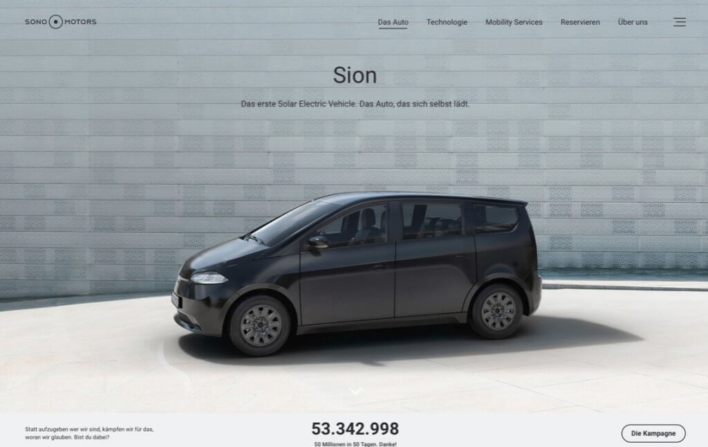 Screenshot der Unternehmens-Website von Sono Motors