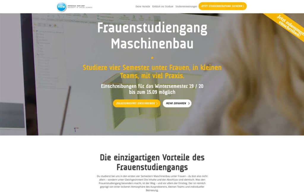 Screenshot der Website von Frauen studieren Maschinenbau