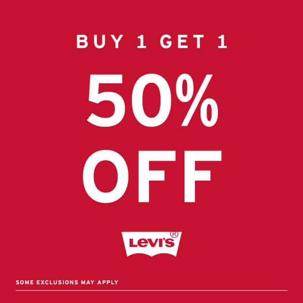 red background with white words saying "buy 1 get 1 50% off, some exclusions may apply"