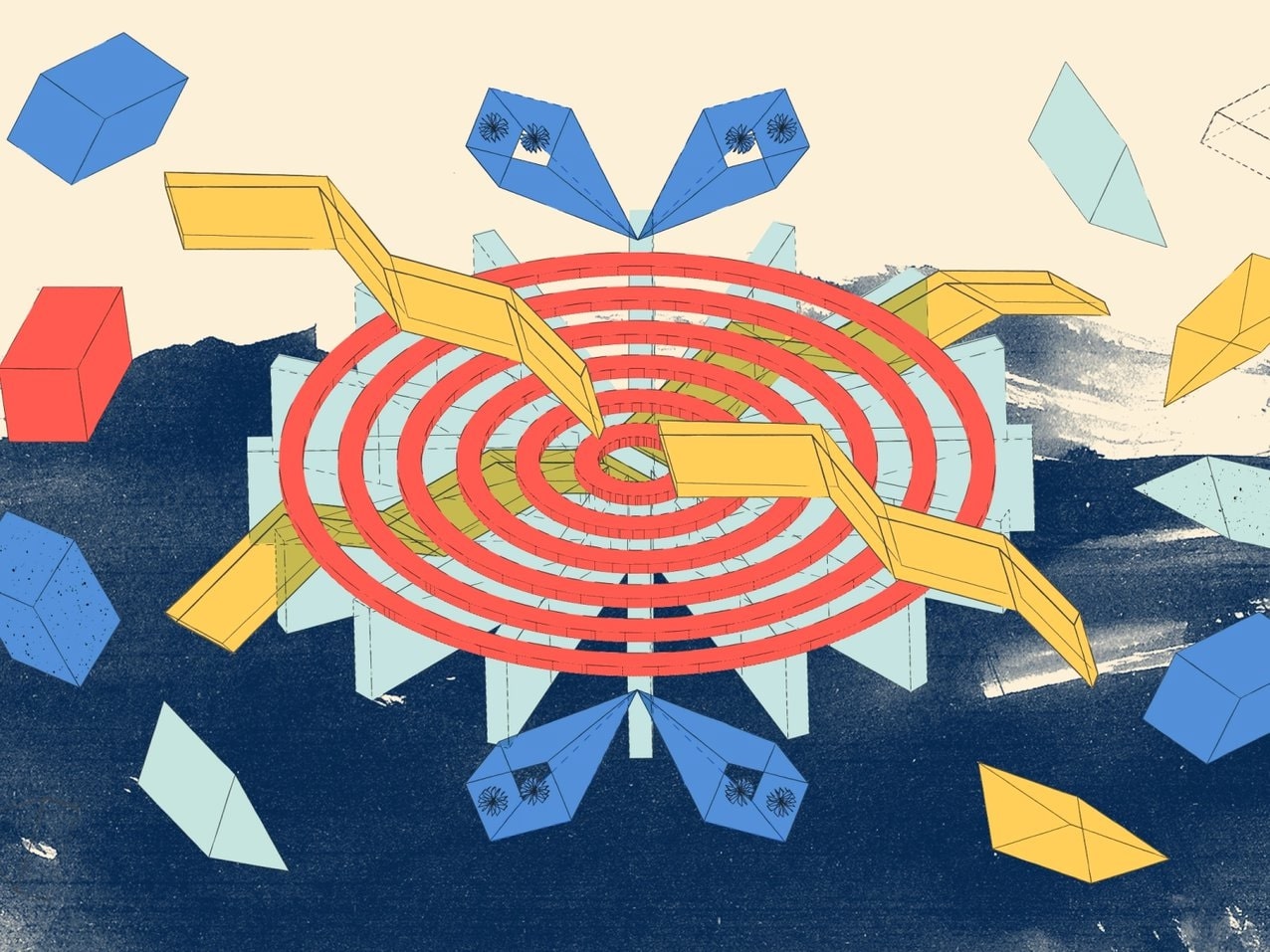 Upper third of image has light beige background, bottom two-thirds is navy. Image has a mix of abstract shapes in light blue, yellow, and red-orange.