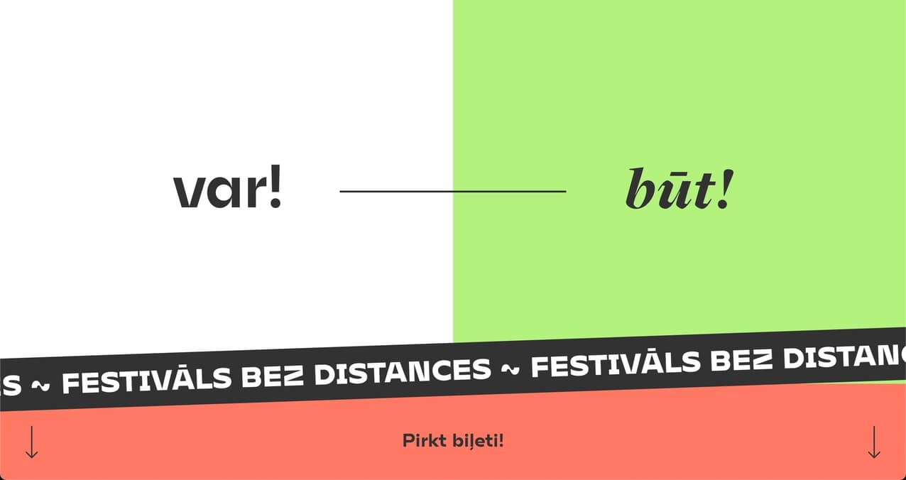 Split screen layout — left side white background with black text "var!". Right side lime green background with black text "būt!"