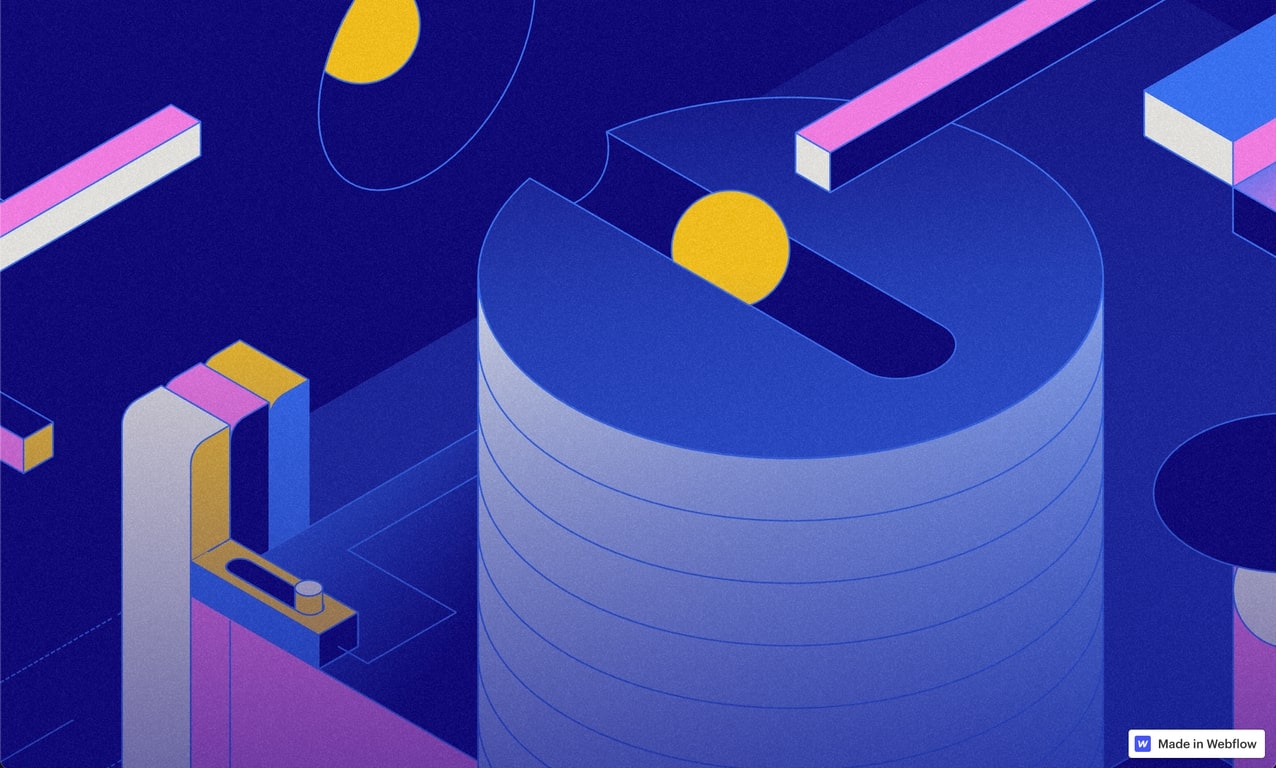Royal blue background with a collection of 3D shapes in gradients with grain, featuring golden yellow, bubble gum pink, light blue, and gray.