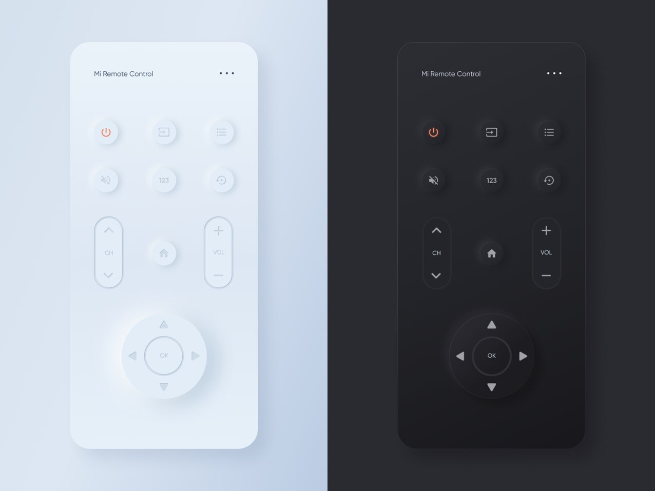 Neumorphism example showing two remote controls — one white, one black— both with rounded corners and small, circular buttons.