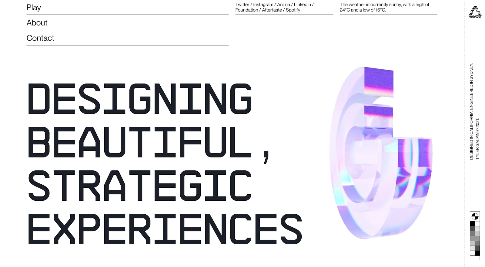 White background with large black text "DESIGNING BEAUTIFUL, STRATEGIC EXPERIENCES" next to a glassmorphism style logo in shades of purple.