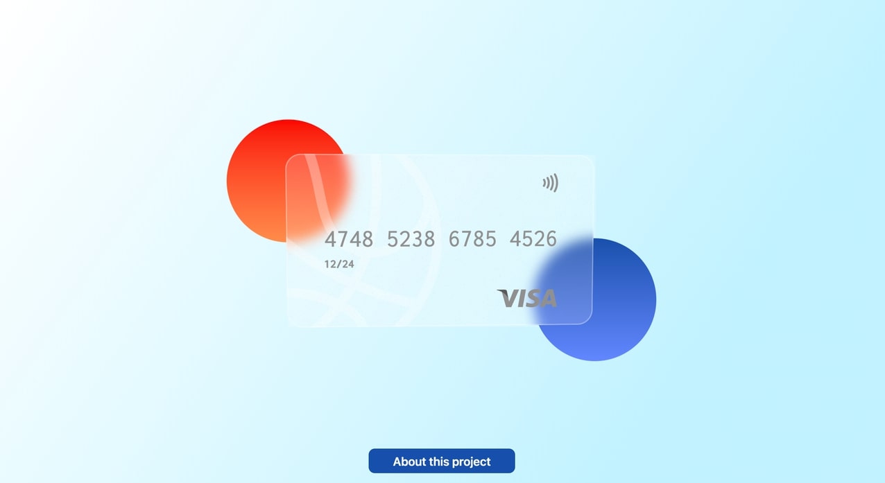 Glassmorphism style credit card on a light blue background.
