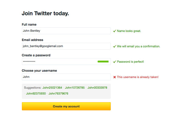 Inline validation on Twitter online form